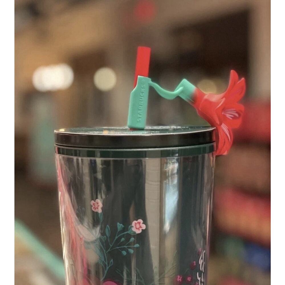 NEW Starbucks Floral Cup with Lid and Flower Straw, Green Red Clear Coffee Tea - Picture 7 of 7